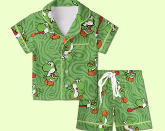 Yoshi Pajamas Satin, Super Mario World Pajamas, Super Nintendo World Vacation Pajamas For Kid, Birthday Gift, Kids Weekend Pajamas