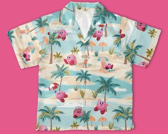 Simpatica camicia hawaiana di Kirby, camicia con bottoni a tema Super Mario Island, abbigliamento estivo tropicale da spiaggia per tutta la famiglia, camicia per viaggio a Disneyland