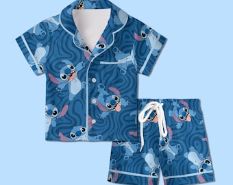 Stitch Pajamas Satin, Lilo And Stitch Sleepwear, Magical Kingdom Vacation Pajamas, Cute Kids Birthday Gift, Kids Weekend Pajamas