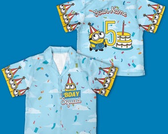 Camicia hawaiana personalizzata per il compleanno dei Minion, graziosa camicia con bottoni a tema Minion, regalo speciale di compleanno per bambino, regalo coordinato per tutta la famiglia dei Minion