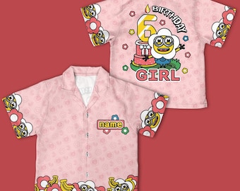 Camicia hawaiana personalizzata con i Minion per il compleanno di una bambina, graziosa camicia con bottoni a tema Minion, regalo speciale di compleanno per una bambina, regalo coordinato per la famiglia, festa a tema per bambini