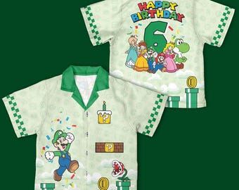Luigi Birthday Hawaiian, Super Mario Character Birthday Button Down, Birthday Boy Gaming Shirt, Rosalina, Daisy Princess, Gift For Kid