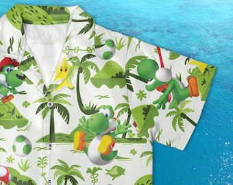 Camicia hawaiana tropicale Yoshi, camicia con bottoni a tema isola di Super Mario, abbigliamento estivo tropicale da spiaggia per tutta la famiglia, camicia per viaggio a Disneyland