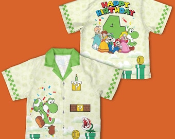 Yoshi Birthday Hawaiian, Super Mario Character Birthday Button Down, Birthday Boy Gaming Shirt, Rosalina, Daisy Princess, Gift For Kid