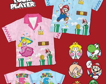 Custom Super Mario Birthday Hawaiian, Mario Character Birthday Button Down, Luigi Shirt, Yoshi Shirt, Princess Shirt, Birthday Girl Boy Gift