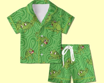 Pascal Chameleon Pajamas Satin, Tangled Theme Sleepwear, Magical Kingdom Lounge Set, Family Matching Pajamas, Kids Birthday Gift