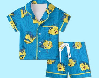 Flounder Little Mermaid Pajamas Satin, Little Mermaid Inspired Sleepwear, Tropical Fish Gift For Kid, Princess Ocean Slumber Party Pajamas