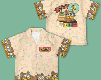 Camicia hawaiana personalizzata a tema Minion per il compleanno del bambino, camicia abbottonata per feste a tema Minion, regalo speciale di compleanno per bambino, regalo coordinato per la famiglia a tema Minion