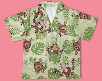 Camicia hawaiana di Moana di Kakamora, camicia abbottonata di Kakamora, stampa di foglie tropicali di Monstera, outfit per le vacanze estive, regalo Disney per fan di Moana