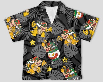 Bowser Black Hawaiian Shirt, Super Mario Button Down, Funny Nintendo Party Outfit, Gamer Summer Beachwear, Gift For Fan Super Mario