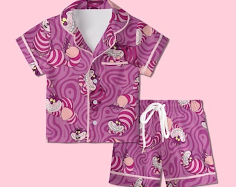 Cheshire Cat Pajamas Satin, Alice Wonderland Pajamas, Mystery Fantasy Lounge Satin, Cute Kids Gift, Girls Weekend Sleepwear