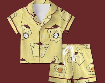 Cute Yellow Puppy Pajamas Set, Kawaii Beret Dog Sleepwear For Family, Pastel Yellow Swirl Pajamas, Slumber Party Gifts