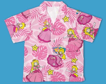 Princess Peach Super Mario Hawaiian Shirt, Super Mario Button Down, Funny Nintendo Party Outfit, Gamer Summer Beachwear, Mario Fan Gift