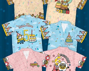 Collezione di camicie hawaiane personalizzate per compleanno a tema Minion, divertenti camicie con bottoni a tema Minion, regalo speciale di compleanno per bambini e bambine, camicie per feste a tema Minion