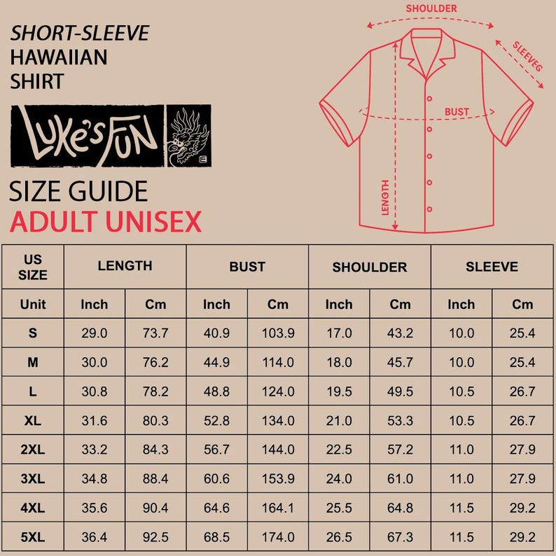 Pu&ograve; includere: Guida alle taglie per camicie hawaiane a maniche corte, unisex adulto. Le misure sono in pollici e cm, dalla S alla 5XL, con lunghezza, busto, spalle e maniche. &Egrave; incluso anche un diagramma della camicia.