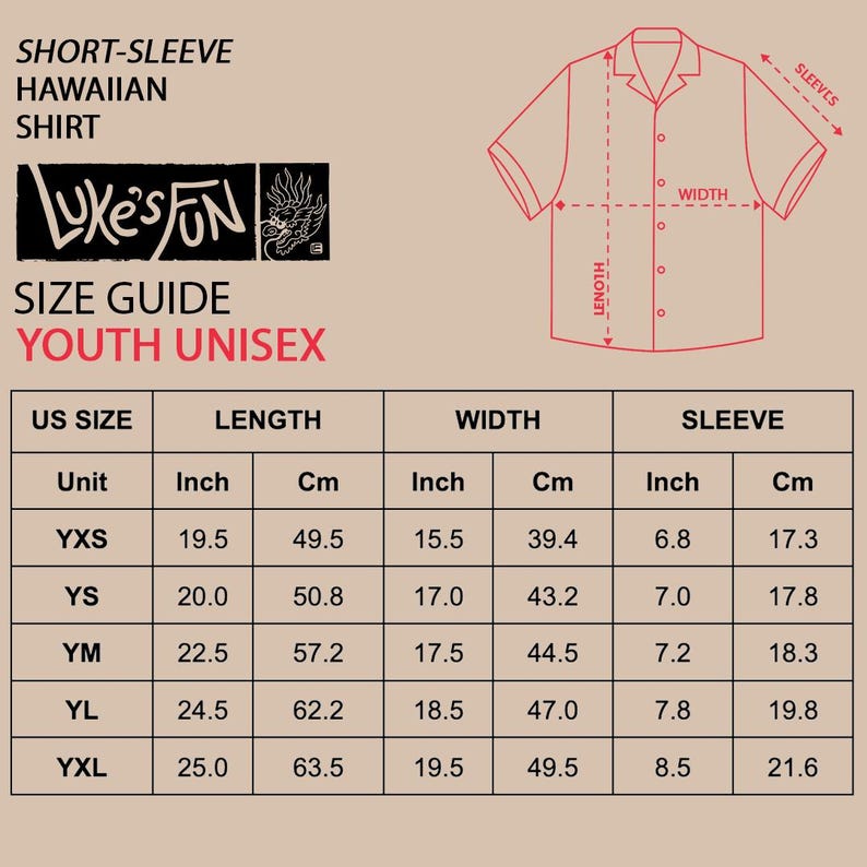Pu&ograve; includere: Guida alle taglie per una camicia hawaiana unisex a maniche corte per ragazzi. La tabella mostra le misure in pollici e centimetri per lunghezza, larghezza e lunghezza delle maniche. La camicia ha il logo "LUKE'S FUN".