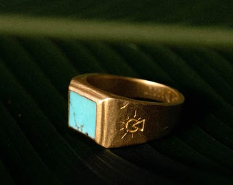 Tibetan Turquoise Dreamer Ring (G) | 24k Gold Men's Ring | Turquoise Stone Ring | Sun Ring | Spiritual Jewelry | Handmade Unisex