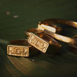 May include: Gold-toned rings with a rectangular emblem featuring a detailed design of a sun and wings. The rings are stacked on a green surface, showcasing their intricate details and warm metallic color.