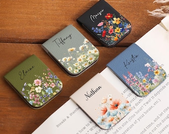 Name Magnetic Bookmark,Leather Bookmark with Flowers,Personalized Name Bookmark,Book Accessory for Her,Custom Book Lover Gift