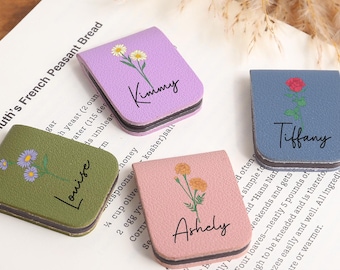 Custom Name Bookmark with Birth Flowers, Leather Bookmark,Personalized Magnetic Bookmark,Book Lover Birthday Gift,Book Accessory