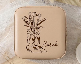 Custom Western Jewelry Case, Personalized Travel Jewelry Box, Cowboy Boot Floral Design, Bridesmaid Gift for Her, Name Organizer