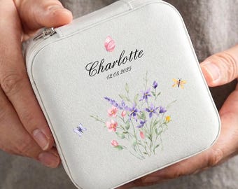 Personalized Floral Jewelry Box, Custom Flower Travel Jewelry Case, Bridesmaid Keepsake Gift, Wedding Gift for Her