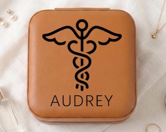 Personalized Nurse Jewelry Box, Custom Medical Symbol Keepsake Box, Leather Travel Jewelry Case with Name, Nurse Gift for Women