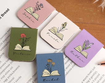 Personalized Magnetic Bookmark,Leather bookmark with Name,Name Bookmark with Birth Flower,Book Accessory,Book Lover Gift,Gifts for Her