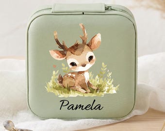Personalized Deer Jewelry Box, Custom Travel Jewelry Case for Girls, Cute Woodland Animal Ring Organizer, Birthday Gift for Her