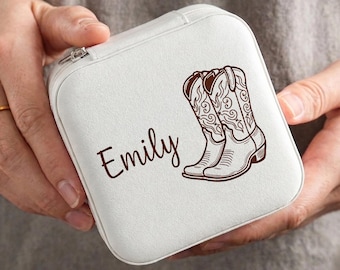 Personalized Cowgirl Travel Jewelry Case, Vegan Leather Jewel Box with Cowboy Boots Design, Nashville Bachelorette Gift for Her