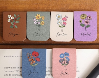 Marcapáginas magnético personalizado, marcapáginas de cuero con flor de nacimiento y nombre, marcapáginas con nombre y flor de nacimiento, regalo de cumpleaños para amantes de los libros.