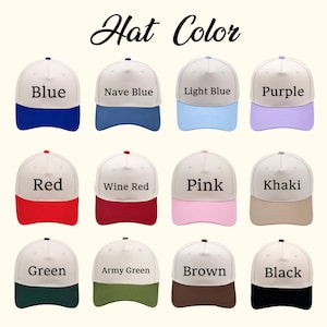 May include: Image showing baseball caps in a range of colours: blue, red, pink, and black. Each cap has a white crown and a coloured brim. The text "Hat Color" is displayed at the top of the image.