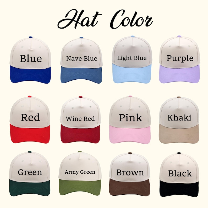 May include: Image showing baseball caps in a range of colours: blue, red, pink, and black. Each cap has a white crown and a coloured brim. The text "Hat Color" is displayed at the top of the image.