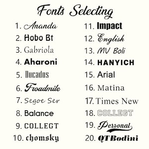 May include: A cream-coloured graphic featuring the words "Fonts Selecting" in a decorative script. The image presents a numbered list of 20 different font styles, each with a unique name, showcasing a variety of typefaces for design purposes.