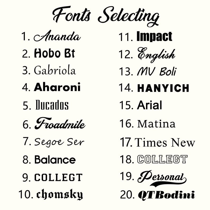 May include: A cream-coloured graphic featuring the words "Fonts Selecting" in a decorative script. The image presents a numbered list of 20 different font styles, each with a unique name, showcasing a variety of typefaces for design purposes.