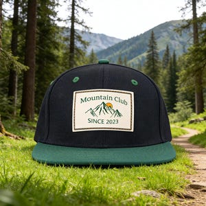 Puede incluir: Gorra de béisbol negra y verde con visera plana. La gorra presenta un parche rectangular con el texto "Mountain Club SINCE 2023" y un gráfico de montaña y sol. La gorra está colocada sobre un fondo de bosque y cordillera.