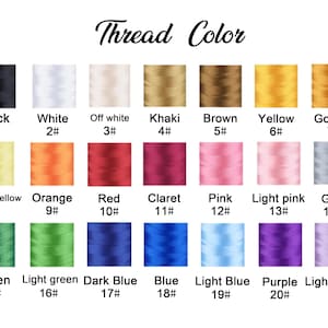 May include: A thread colour chart displaying a range of hues. The selection includes black, white, khaki, brown, yellow, and golden. Further colours are lemon yellow, orange, red, claret, pink, light pink, grey, green, light green, dark blue, blue, light blue, purple, and light purple.