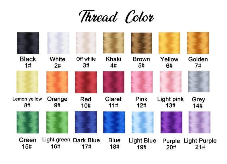 May include: A thread colour chart displaying a range of hues. The selection includes black, white, khaki, brown, yellow, and golden. Further colours are lemon yellow, orange, red, claret, pink, light pink, grey, green, light green, dark blue, blue, light blue, purple, and light purple.