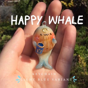 light blue happy whale - Handmade polymer clay charm, cute animal keychain, chubby whale sculpture, kawaii fish gift, cute sea creatures