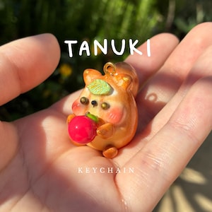 May include: A Tanuki keychain, a small, orange-brown figurine with a red apple, green leaf, and rosy cheeks. The word "TANUKI" is above the figurine, and "KEYCHAIN" is below.