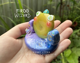Frog wizard worry stone with a premium magical water base holder | handmade polymer clay fidget stress relief tool, cute frog desk decor