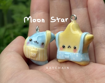 moon star | handmade polymer clay keychain, cute moon and star couple pairing charm, celestial keyring