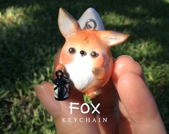fox - handmade polymer clay keychain, whimsical fox charm, red brown fox holding a lantern, cottagecore decor, kawaii kitsune fox figure