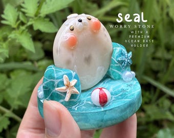 Seal worry stone with premium ocean base holder | handmade polymer clay fidget anxiety stone, stress relief tool, cute seal desk decor