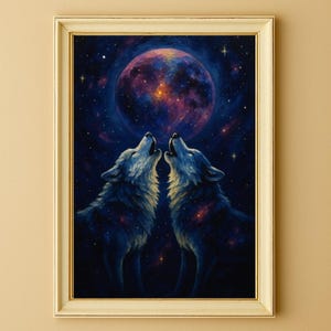 Lobos Gêmeos Uivando na Galáxia da Lua | Arte Digital de Parede com Lobo Místico, Pôster Cósmico para Impressão