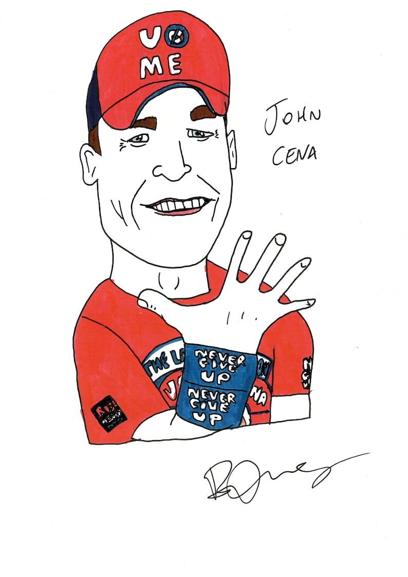 May include: Cartoon illustration of John Cena wearing a red cap with "U Can't See Me" text. He's in a red shirt and a blue wristband that says "Never Give Up". The drawing is signed.