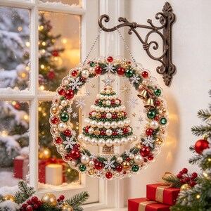 Vintage Pearl Rhinestone Christmas Tree Wreath DIY Kit, Diamond Art Acrylic Door Hanging, Winter Home Decor