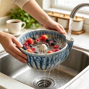 Puede incluir: Un cuenco colador de cerámica azul y blanco con un cono de drenaje central y un pico lateral. El cuenco está lleno de agua, fresas rojas frescas y moras oscuras, con agua fluyendo desde un grifo hacia el pico lateral del recipiente.