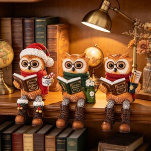 Reading Owl Figurine, Cozy Christmas Shelf Sitter with Book & Hot Cocoa Mug, Book Lover Gift, Winter Bookshelf Decor