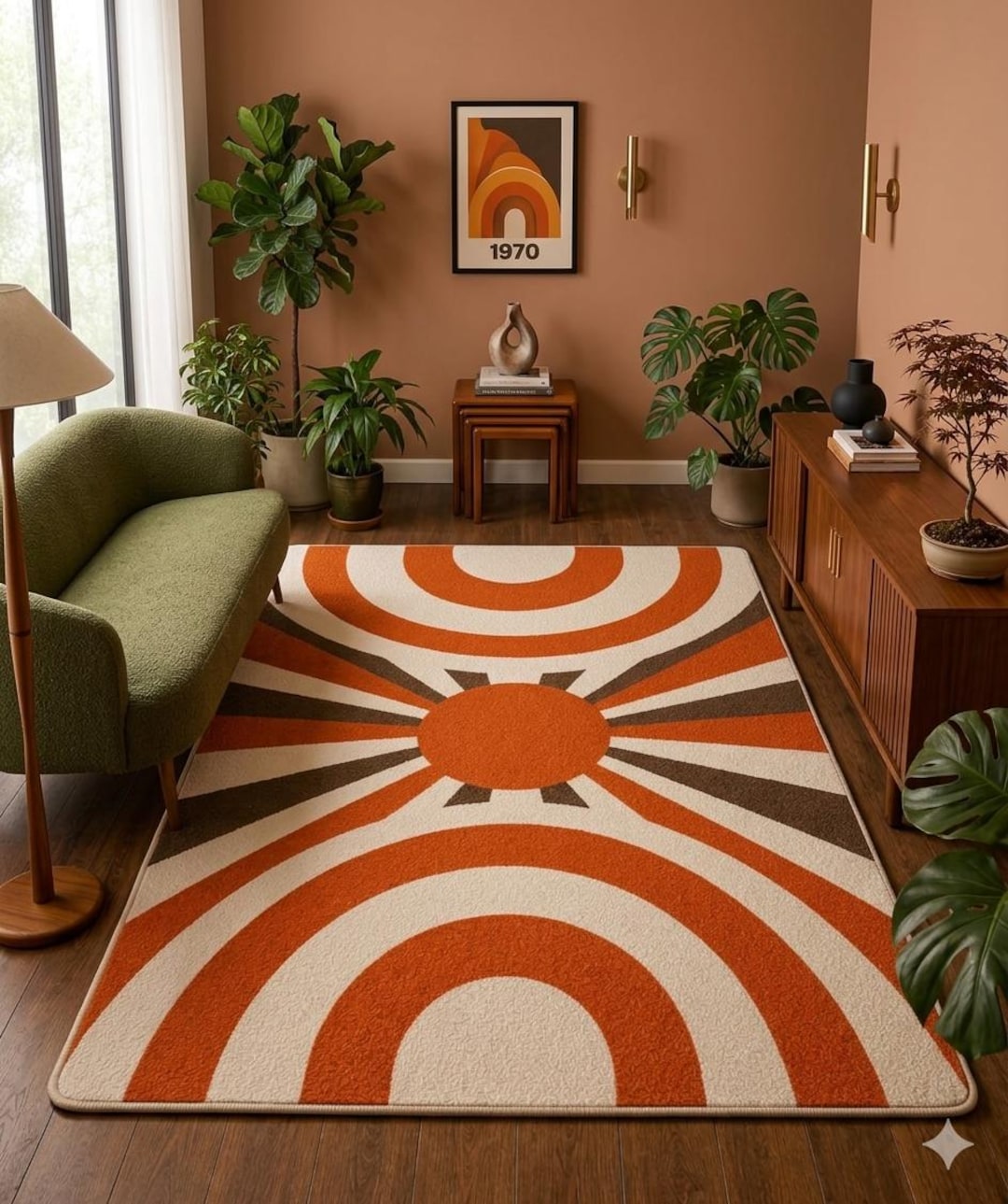 Hand-tufted 70s Retro Sunburst Rug-mid Century Modern Orange and Brown ...